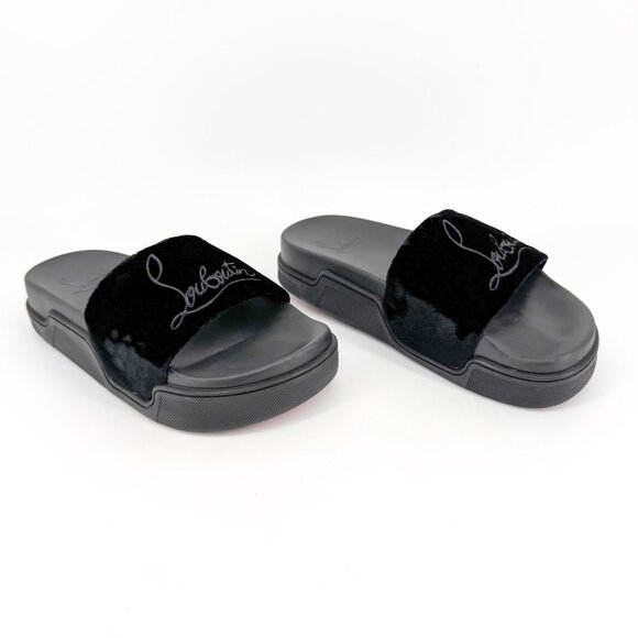 Christian Louboutin 'Navy Pool' Slide Sandals Size 37 US 7 Black Velvet Logo - Picture 1 of 12